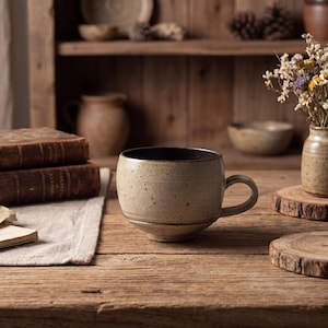 May include: A speckled ceramic mug with a dark brown interior sits on a wooden table. The mug has a rounded shape with a handle. The background includes books, a vase with dried flowers, and a wooden shelf with pottery.