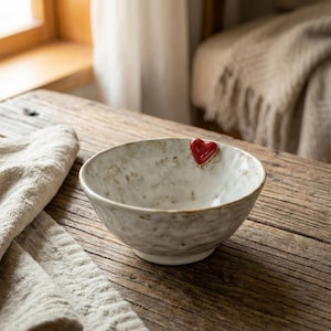 May include: A ceramic bowl with a textured, off-white glaze and a small, red heart accent. The bowl sits on a rustic wooden surface, with a linen cloth in the foreground. The bowl is a decorative item.