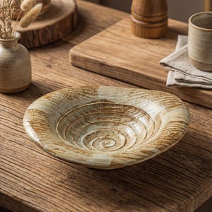 May include: A ceramic bowl with a spiral design in shades of brown and beige. The bowl has a wide, shallow shape and a textured surface. The bowl is on a wooden table, with other ceramic and wooden items in the background.