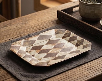 Rustic Geometric Ceramic Plate | 8.5 Inch Stoneware Octagonal Tray | Wabi-Sabi Serving Dish | Vintage Bread Plate | Artisan Pottery