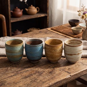 May include: Four ceramic cups with a rustic, textured finish. Each cup has a unique color: teal, blue, golden brown, and off-white. The cups are cylindrical and sit on a wooden table, suggesting a tea or coffee set.