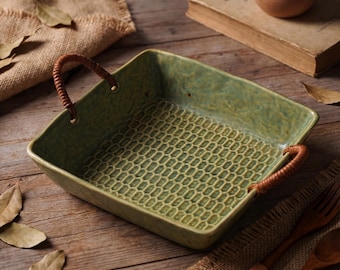 Wabi Sabi Ceramic Plate with Rope Handles 9 Inch | Japanese Rustic Stoneware Serving Tray | Hammered Square Dinner Plate in Green Kiln Glaze