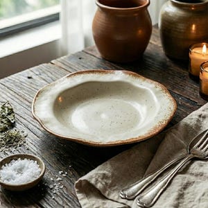 May include: A rustic, off-white ceramic bowl with a wavy rim and speckled surface. The bowl sits on a wooden table, alongside a small bowl of salt, herbs, and silverware. Other ceramic vessels and lit candles are in the background.