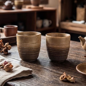 Op de afbeelding: Twee keramische bekers met een rustieke, aardse esthetiek. De bekers zijn cilindrisch met een tweekleurig bruin glazuur, met een donkerdere basis en een lichter bovenste deel. Ze staan op een houten tafel, wat een gezellige, natuurlijke omgeving suggereert. De bekers zijn ideaal voor thee of koffie.