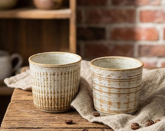 Wabi Sabi Stoneware Coffee Cup 200ml | Rustic Ceramic Mug | Horizontal & Vertical Stripe Cup | Minimalist Tea Cup