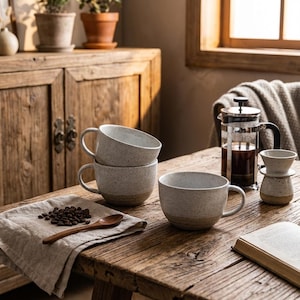 Puede incluir: Una mesa de madera rústica exhibe una configuración de café. Cuatro tazas de cerámica moteada con asas están apiladas y dispuestas con una servilleta de lino, una cuchara de madera y granos de café. También hay una prensa francesa y un sistema de café por goteo.