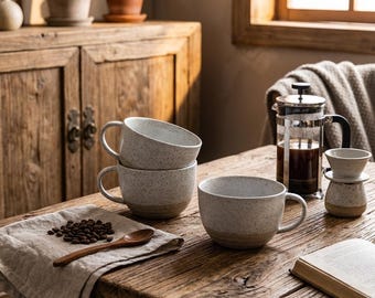 Rustic Large Pottery Mug 550ml | Speckled Stoneware Coffee Cup | Wabi-Sabi Breakfast Mug with Handle | Minimalist Ceramic Gift