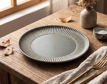 Japanese Wabi Sabi Ceramic Plate 8.1 Inch | Rustic Moss Green Stoneware Dinner Plate | Ribbed Serving Plate