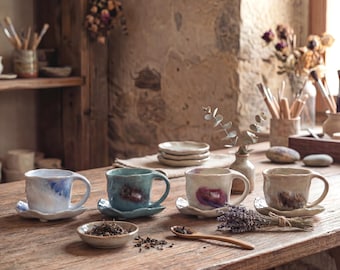 Wabi Sabi Kiln Glaze Ceramic Cup & Saucer Set 175ml | Handmade Rustic Japanese Coffee Cup | Vintage Irregular Stoneware Espresso Teacup