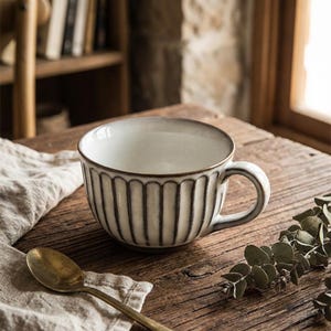 Peut inclure: Une tasse en céramique avec un intérieur crème et un design extérieur côtelé. La tasse a une anse et est posée sur une table en bois avec une cuillère dorée et un tissu en lin. La tasse mesure environ 10 cm de diamètre.