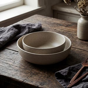 Może przedstawiać: Dwie beżowe ceramiczne miski, jedna w drugiej, na rustykalnym drewnianym stole. Większa miska ma żebrowany zewnętrzny, mniejsza nakrapianą powierzchnię. Widoczna jest również szara lniana serwetka i drewniane przybory.