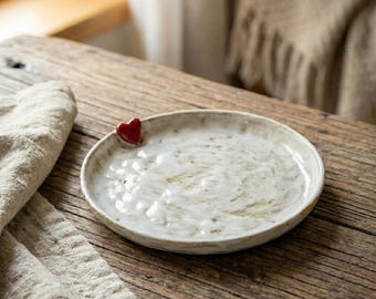 Heart Ceramic Plate 9 inch | Rustic White Pottery Dinner Plate | Nordic Glazed Dessert Plate | Artisanal Serving Dish