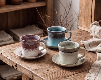 Vintage Kiln-change Ceramic Cup & Saucer Set 275ml | Wabi Sabi Rustic Stoneware Coffee Mug | Japanese Coffee Cup