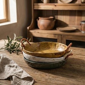 Könnte beinhalten: Drei stapelbare Keramik-Servierschalen in Gelb, Weiß und Grün mit geflochtenen Griffen. Sie stehen auf einem Holztisch, mit einer Leinen-Serviette und Grünzeug im Vordergrund. Im Hintergrund ein Holzschrank.