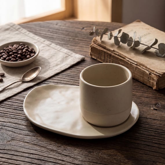 Rustic Ceramic Cup & Saucer Set | 100/180/230ml | Wabi Sabi Stoneware Espresso Cup | Minimalist Japanese Mug | Custom Name Available