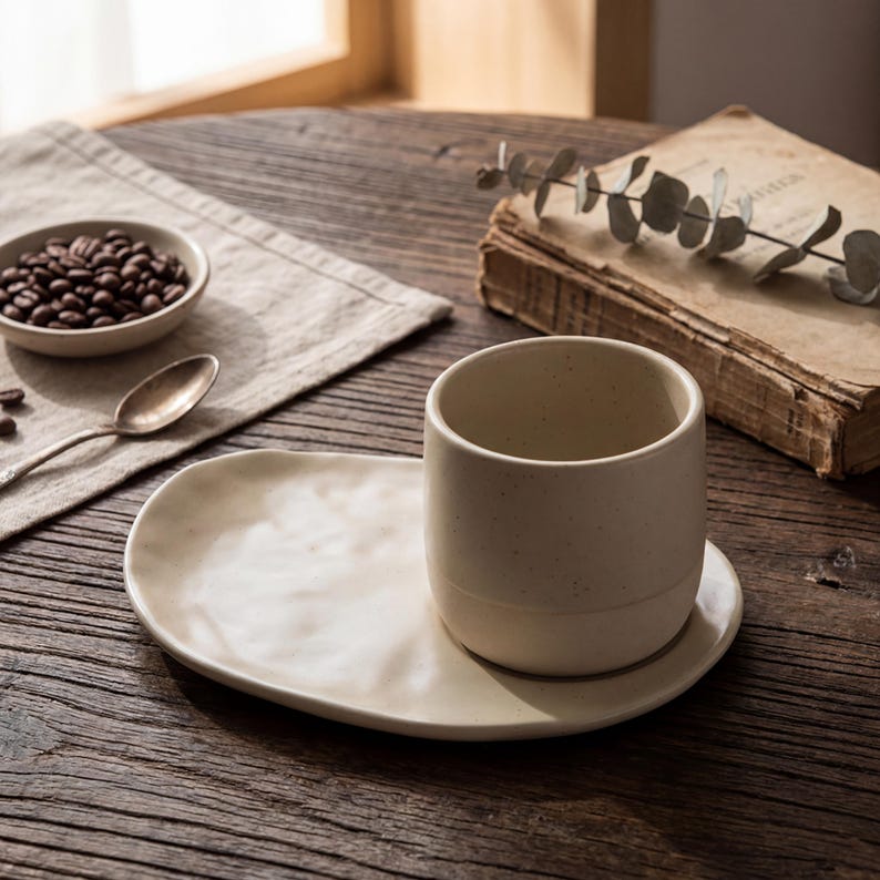 Minimalist ceramic cup and saucer set on rustic wooden table with coffee beans and vintage book background