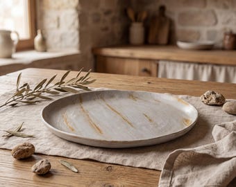 9 Inch Rustic Wabi-Sabi Ceramic Plate | Handmade Wood-Fired Stoneware Dinner Plate | Japanese Minimalist Flat Shallow Dish