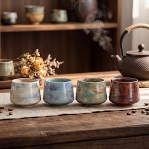 May include: Four ceramic teacups with a rustic, marbled design in shades of blue, green, and red. The cups are arranged on a wooden table with coffee beans, near a teapot and dried flowers. The cups have a unique, handcrafted appearance.
