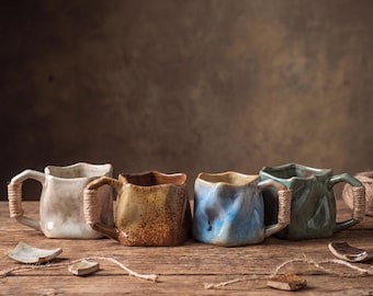 Rustic Irregular Kiln Glaze Ceramic Mug 240ml | Wabi Sabi Stoneware Coffee Cup | Handmade Japanese Pottery Mug | 4 Colors