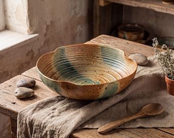 Japanese Rustic Kiln Glaze Ceramic Bowl 8.2 Inch | Wabi Sabi Stoneware Ramen Bowl | Handmade Salad Serving Bowl | Vintage Pottery Bowl