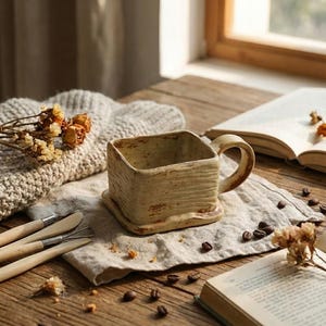 Puede incluir: Una taza de cerámica beige de forma cuadrada con una superficie texturizada y un asa curvada. La taza se encuentra sobre una base a juego, sobre un paño de lino. También se ven flores secas, granos de café y libros abiertos.