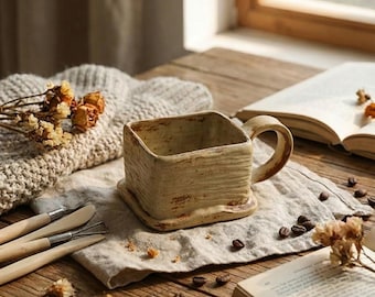 Peut inclure: Une tasse en céramique beige de forme carrée avec une surface texturée et une anse incurvée. La tasse repose sur un socle assorti, sur un tissu en lin. Fleurs séchées, grains de café et livres ouverts sont également visibles.