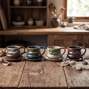 May include: Four handcrafted ceramic mugs with matching saucers sit on a rustic wooden table. Each mug features a unique glaze in shades of brown, blue, and green. The mugs have a textured appearance and a curved handle.