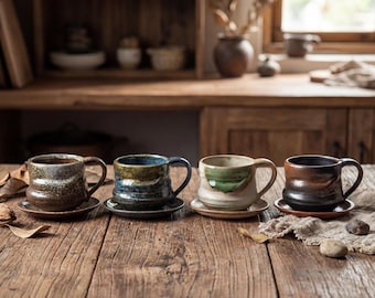 Rustic Kiln-Changed Glaze Ceramic Mug 260ml | Wabi Sabi Stoneware Coffee Cup & Saucer Set | Japanese Style Tea Cup