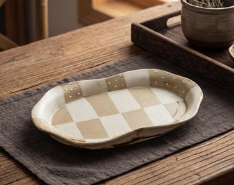 9.1 Inch Vintage Stoneware Serving Plate | Rustic Ceramic Dish | Wabi-Sabi Oval Plate for Dining & Home Decor