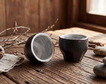 Xícara de chá japonesa Wabi Sabi em cerâmica, 50ml | Xícara de degustação rústica em grés feita à mão | Pequena xícara para chá Gongfu | Xícara preta