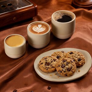 Three handmade ceramic cups filled with different coffees beside cookies on a warm brown cloth background