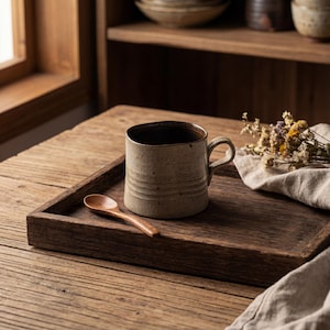 May include: A ceramic mug with a brown interior and a light brown exterior with horizontal lines sits on a wooden tray. A small wooden spoon rests beside the mug. The tray is on a wooden table, with dried flowers and a linen cloth.