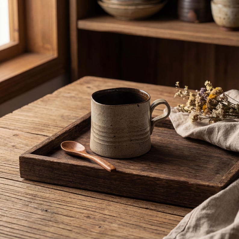 Minimalist handmade ceramic mug with earthy glaze, displayed on a wooden tray in soft natural light