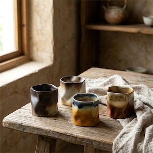 May include: Four handcrafted ceramic cups with a rustic, textured appearance. The cups feature a variety of earth-toned colors, including brown, beige, and a touch of blue. They are arranged on a weathered wooden table, suggesting a natural aesthetic.