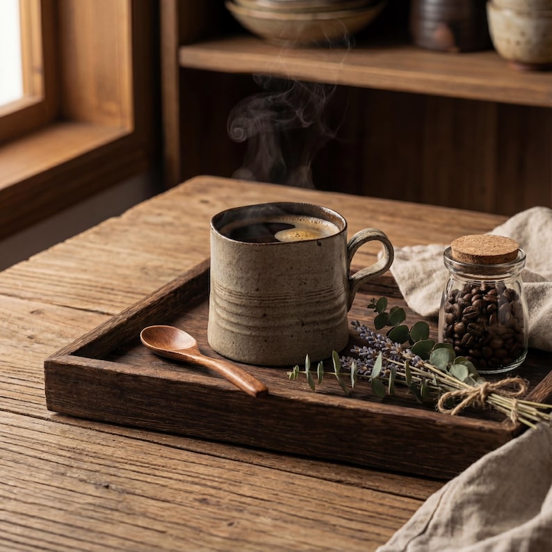 Handcrafted stoneware mug with natural speckled glaze, filled with hot coffee and styled on a rustic wooden tray by the window