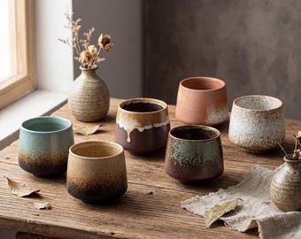 Japanese Rustic Kiln Glaze Ceramic Cup 200ml | Wabi Sabi Stoneware Coffee Cup | Handmade Tea Cup | Vintage Pottery Tumbler | 6 Glaze Styles