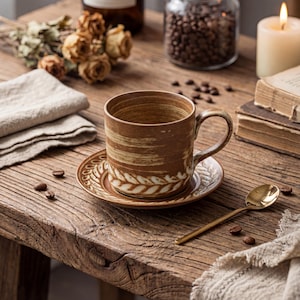 Peut inclure: Une tasse à café et une soucoupe en céramique marron avec un motif de feuilles, posées sur une table en bois rustique. Une cuillère dorée, des grains de café et une bougie allumée sont également visibles.