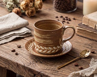 Rustic Wheat Pattern Ceramic Coffee Mug 220ml | Vintage Stoneware Cup | Coffee Mug or Cup & Saucer Set