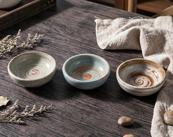 3 Inch Rustic Spiral Ceramic Dipping Dish | Wabi Sabi Soy Sauce Dish | Japanese Stoneware Appetizer Bowl | Small Condiment Plate
