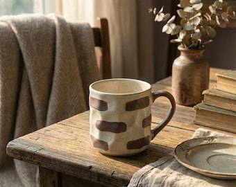 Vintage Handmade Ceramic Coffee Mug 380ml | Rustic Wabi-Sabi Pottery Cup with Handle | Nordic Stoneware Mug | Artisan Coffee & Tea Cup