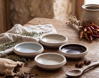 Wabi Sabi Ceramic Sauce Dish 3.4 Inch | Japanese Rustic Stoneware Dipping Bowl | Small Condiment Plate | 4 Colors