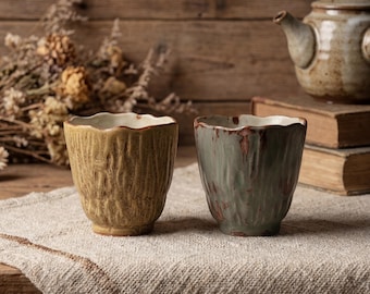 Wabi Sabi Ceramic Tea Cup 160ml | Japanese Stoneware Teacup | Rustic Lotus Rim Cup | Handmade Style Small Coffee Mug