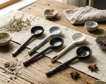 Rustic Ceramic Long Spoon 16.8cm | Handcrafted Bamboo-Style Soup & Dessert Ladle | Wabi-Sabi Pottery Coffee Spoon | 5 Artisan Glaze Styles