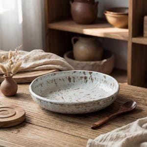 Op de afbeelding: Een rustieke, gebroken witte keramische serveerschaal met bruine accenten op een houten tafel. Een kleine bruine vaas met gedroogde bloemen, een houten lepel en andere keramische kommen zijn ook zichtbaar.