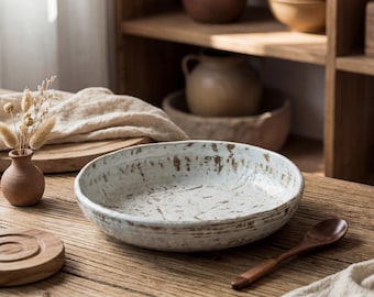 Wabi Sabi Ceramic Deep Plate 9.6 Inch | Japanese Rustic Pasta Plate | Handmade Stoneware Serving Dish | Vintage Salad Bowl Plate