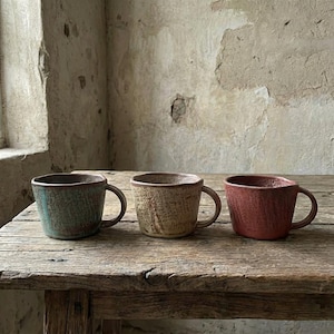 May include: Three handcrafted ceramic mugs with textured surfaces and handles. The mugs are teal, tan, and red, arranged on a rustic wooden table. These mugs are suitable for hot beverages like tea or coffee.