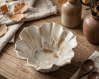 Wabi Sabi Lotus Ceramic Bowl 7 Inch | Japanese Rustic Serving Bowl | Handmade Stoneware Salad Bowl | Vintage Soup Fruit Bowl