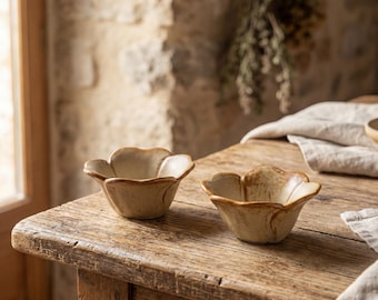 4 Inch Vintage Ceramic Petal Sauce Dish | Rustic Brown Flower Bowl | Japanese Style Condiment Plate | Wabi Sabi Small Snack Bowl