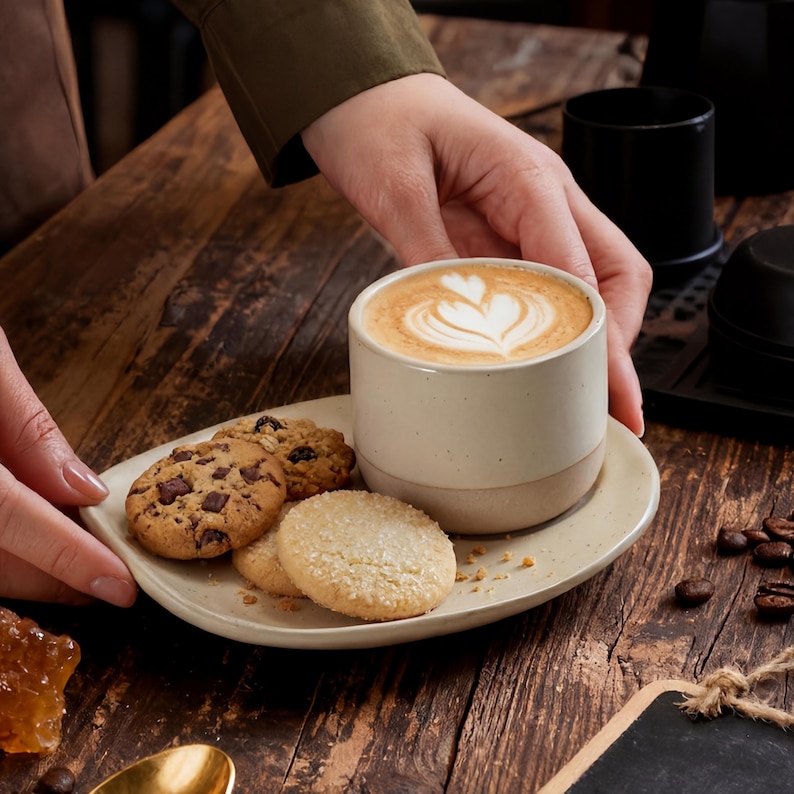 Hands placing a handmade ceramic cup on an oval stoneware saucer with latte art and cookies