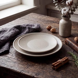 May include: Two stacked round ceramic plates with a speckled off-white finish. The plates feature a simple design with a slightly raised rim. The surface of the plates has a subtle texture, and they are presented in a neutral, light cream color.
